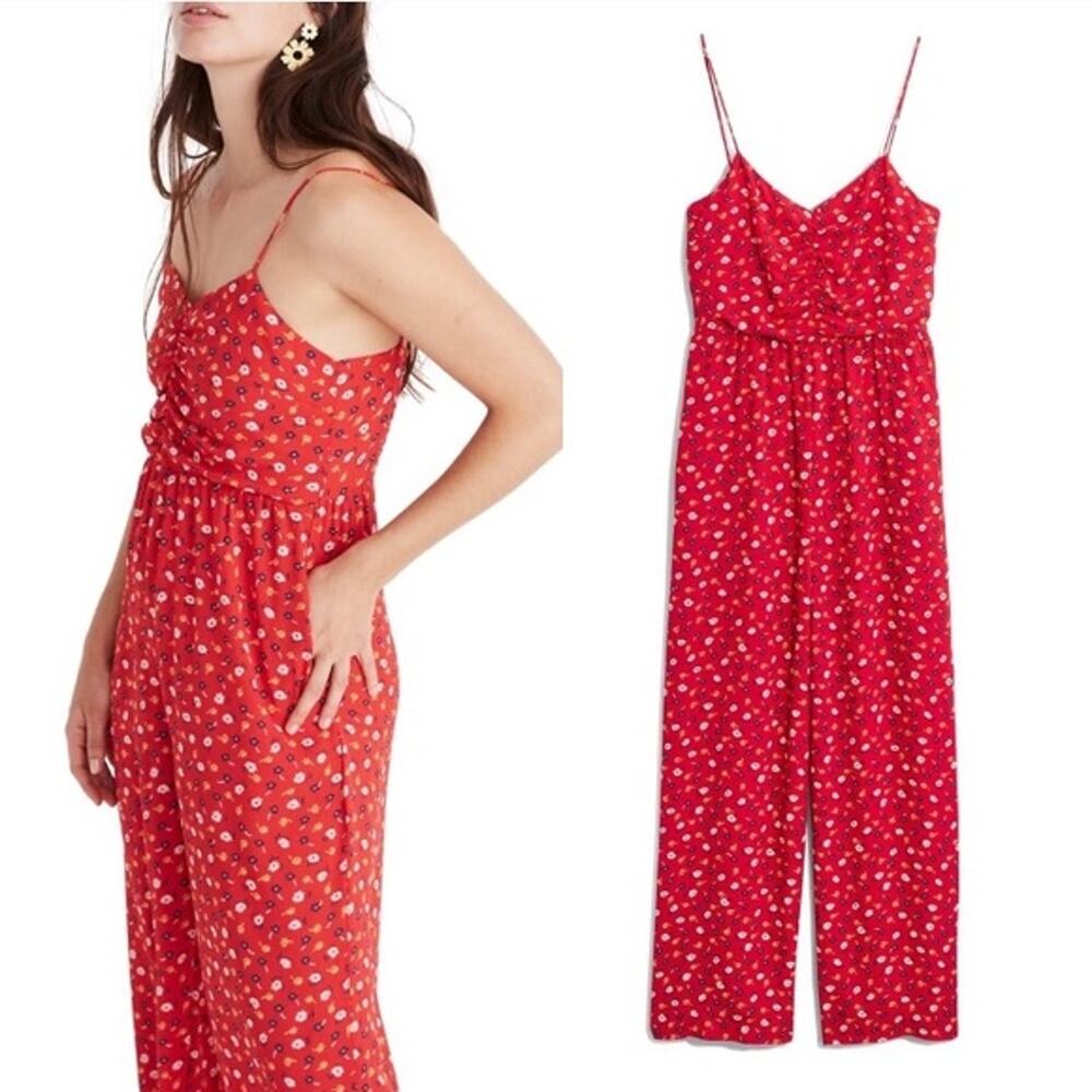 Madewell Prairie Posies Ruched Wide Leg Jumpsuit Women's 24 Red Floral L2400 - Picture 2 of 6